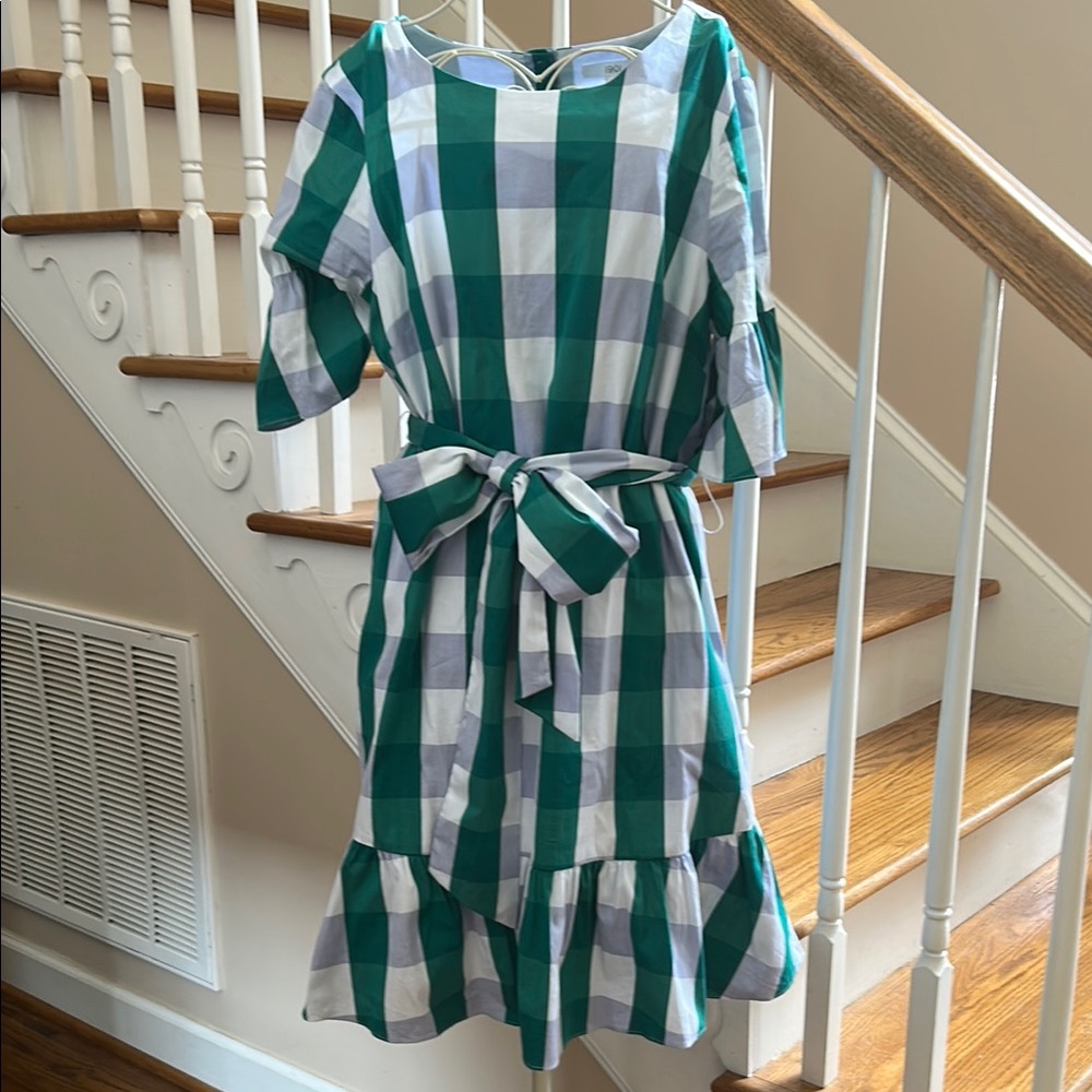 1901 Green and White Ruffled Tie Front Sundress
